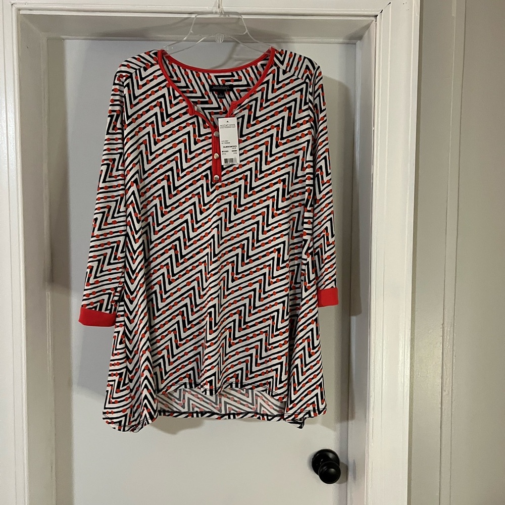 Notations Polka Dot 3/4 Sleeve Stretch Top Orange /Black Polka Dot L NEW